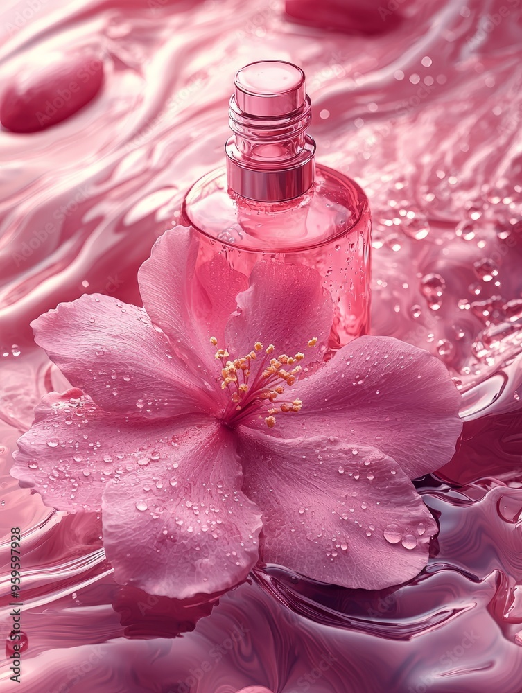 An elegant pink perfume bottle surrounded by delicate petals and water droplets, embodying beauty and freshness. An elegant pink perfume bottle surrounded by delicate petals and water droplets, embodying beauty and freshness.