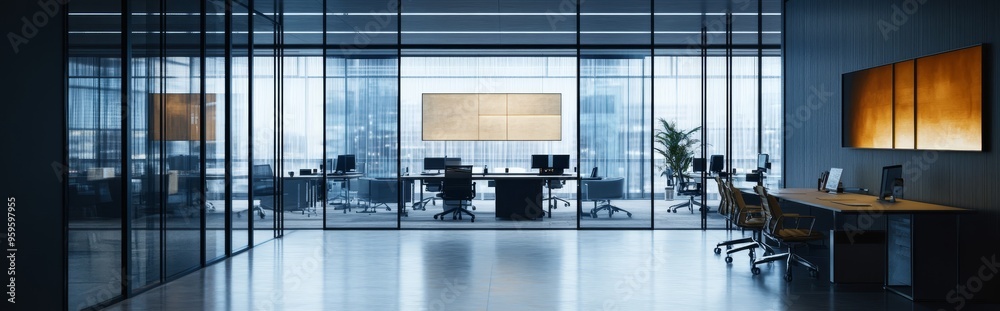 Modern office interior with glass walls, a conference room, and a desk with a computer. Modern office interior with glass walls, a conference room, and a desk with a computer.