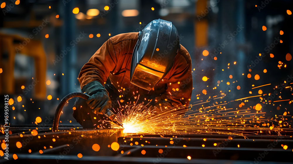 A welder working, creating sparks in an industrial setting. A welder working, creating sparks in an industrial setting.