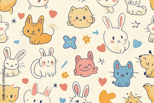 attern with hand-drawn doodles of cute animals, such as cats, dogs, and rabbits. Use a playful color scheme with pastel hues and include small