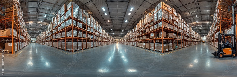 A wide-angle view of a large warehouse with high shelves stacked with boxes and a forklift in the foreground.