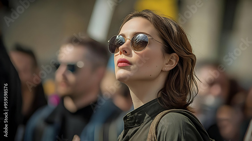 A woman wearing sunglasses ...