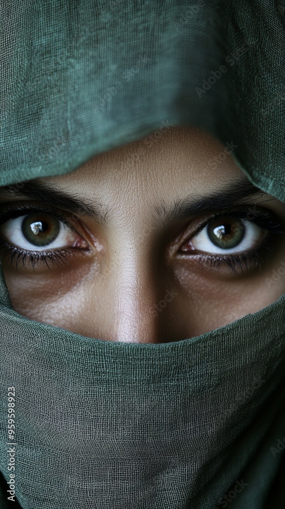 This close-up captures the captivating gaze of a woman of Eastern origin, highlighted by her vivid green hijab and expressive green eyes, radiating elegance and strength This close-up captures the captivating gaze of a woman of Eastern origin, highlighted by her vivid green hijab and expressive green eyes, radiating elegance and strength