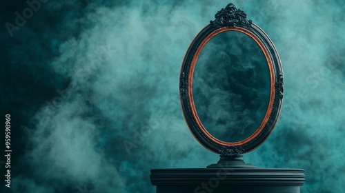 spooky halloween advertisement background with ornate mirror and mysterious teal smoke photo