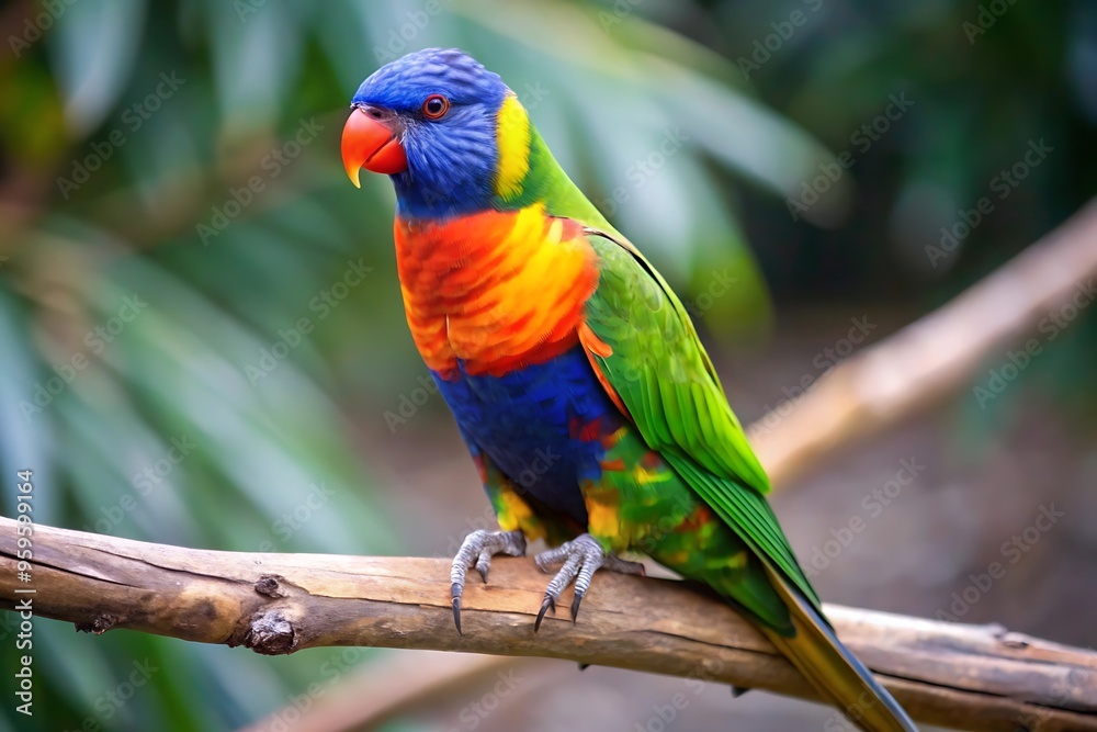 A Colorful Parrot With a Blue Tail Sits on a Branch A Colorful Parrot With a Blue Tail Sits on a Branch