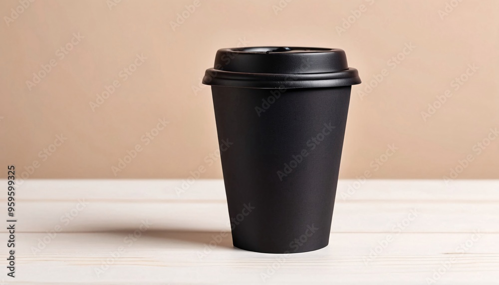 Black Disposable Coffee Cup on a White Table. Black Disposable Coffee Cup on a White Table.