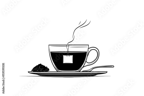 Black tea bag steeping in a clear cup of hot water on a table, vector illustration art