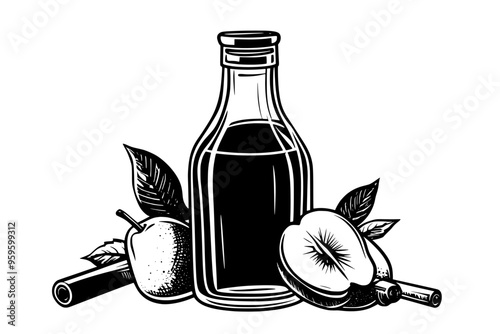 Bottle and glass of cider displayed with fresh apples and cinnamon sticks, vector illustration art