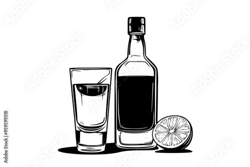 Bottle and filled shot glass of tequila with lime wedge and salt, vector illustration art