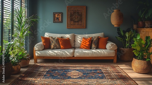 Cozy bohemian living room showcasing ethnic prints in the upholstery and throw pillows, adding a touch of global flair. The space is decorated with woven rugs, wooden furniture, and soft, photo