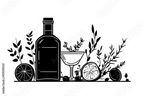Gin bottle beside a filled glass with visible herbs and spices, vector illustration art