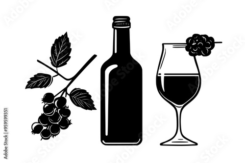 Bottle of flavored cider next to a glass with liquid and a berry skewer, vector illustration art