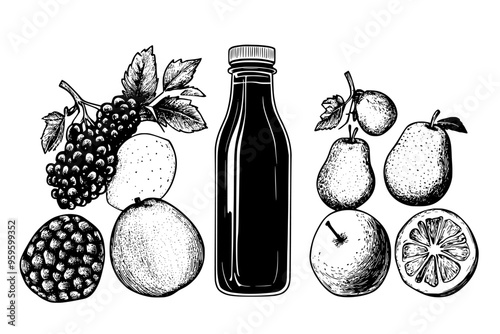 Bottle of liquid set beside an assortment of fresh, whole fruits on a neutral background, vector illustration art