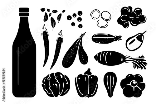 Bottle of liquid set beside an assortment of fresh, whole fruits on a neutral background, vector illustration art