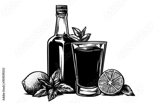 Bottle of rum and filled glass with sprig of mint and lime, vector illustration art