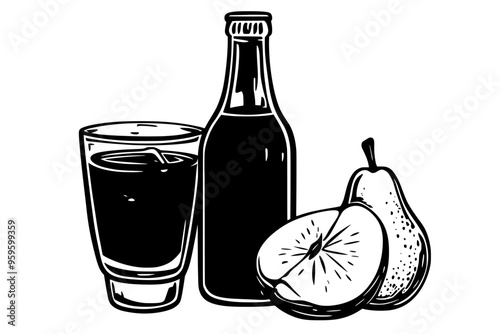 Bottle of pear cider next to a glass with liquid and a pear slice, vector illustration art