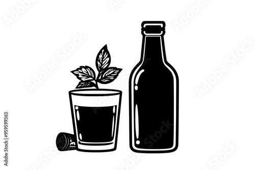 Bottle of flavored cider next to a glass with liquid and a berry skewer, vector illustration art
