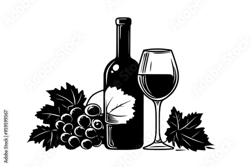 Bottle of red wine with a filled glass set near a cluster of grapes and leaves, vector illustration art