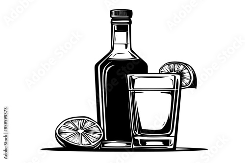 Bottle of rum with a filled glass, lime wedge garnish on the glass rim, vector illustration art