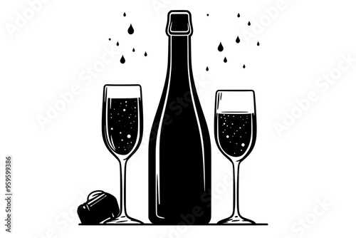 Bottle of sparkling wine with filled flute, visible bubbles, vector illustration art
