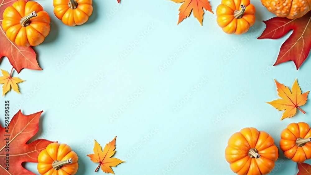 Obraz premium Autumn Pumpkins and Leaves Border on Light Blue Background