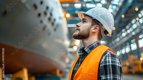 A worker in safety gear obs...