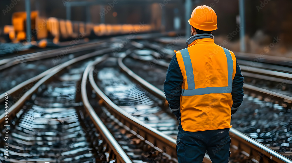 A worker in safety gear observes railway tracks in an industrial setting. A worker in safety gear observes railway tracks in an industrial setting.