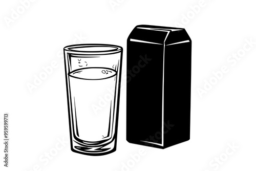 Filled glass beside a full milk carton on a plain surface, vector illustration art