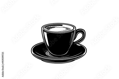 Demitasse cup with freshly brewed espresso shot on a saucer, vector illustration art