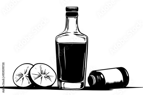 Filled glass of rum beside sealed bottle with lime slices on table, vector illustration art