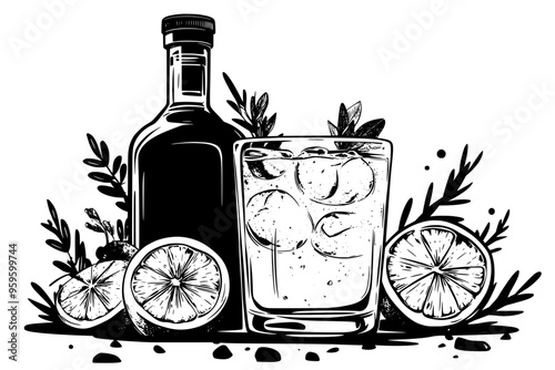 Filled glass of gin beside a bottle with lemon slices and herbs, vector illustration art