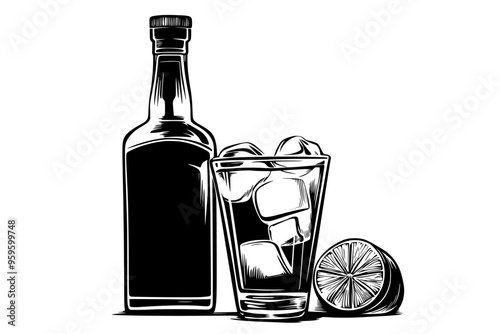 Filled glass of rum beside sealed bottle with lime slices on table, vector illustration art
