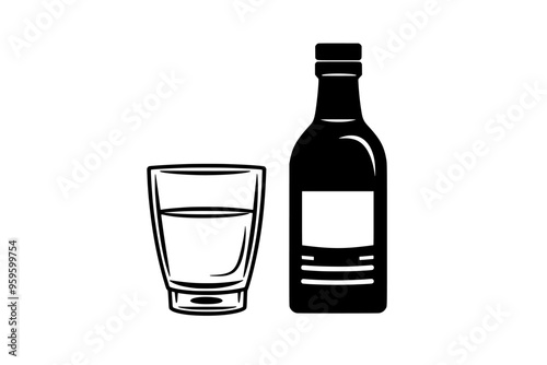 Filled shot glass of vodka beside a labeled bottle, vector illustration art
