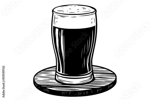 Filled pint glass of amber ale on a coaster with wooden background, vector illustration art
