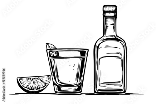 Filled shot glass of vodka beside a labeled bottle, vector illustration art