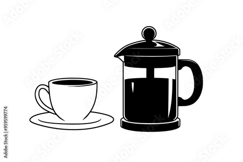 French press coffee maker next to a full cup of freshly brewed coffee, vector illustration art