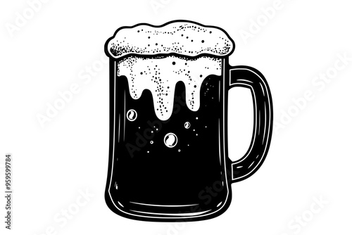 Frosty mug filled with root beer, topped with foam, and visible carbonation bubbles, vector illustration art