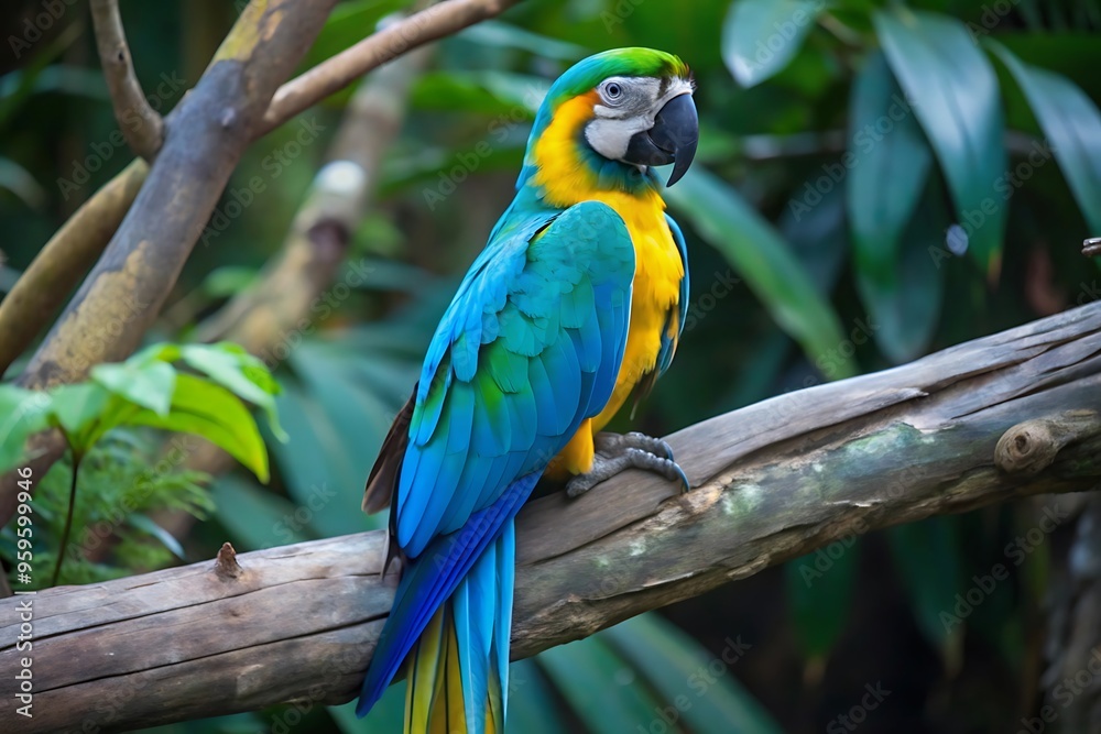 A Colorful Parrot With a Blue Tail Sits on a Branch A Colorful Parrot With a Blue Tail Sits on a Branch
