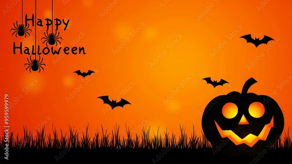 Halloween Sunset Scene with Spiders, Bats, and Jack-o'-Lantern Halloween Sunset Scene with Spiders, Bats, and Jack-o'-Lantern