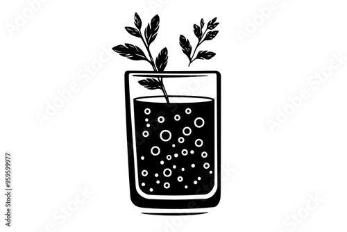 Glass filled with sparkling water, featuring bubbles and a few fresh herbs, vector illustration art