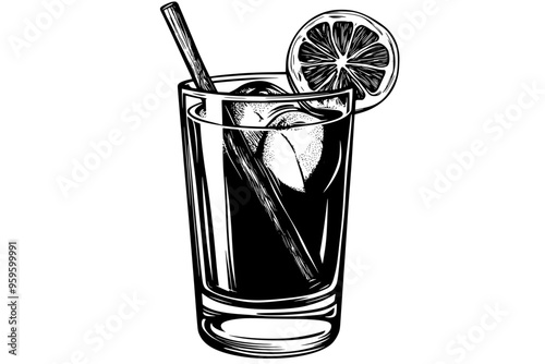Glass of cider with a cinnamon stick and an apple wedge on the rim, vector illustration art