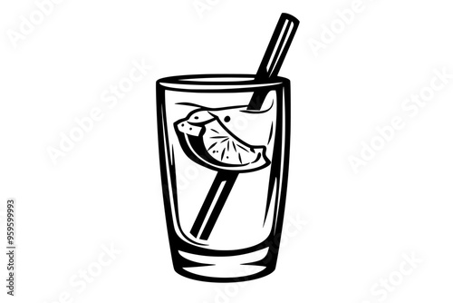 Glass of cider with a cinnamon stick and an apple wedge on the rim, vector illustration art