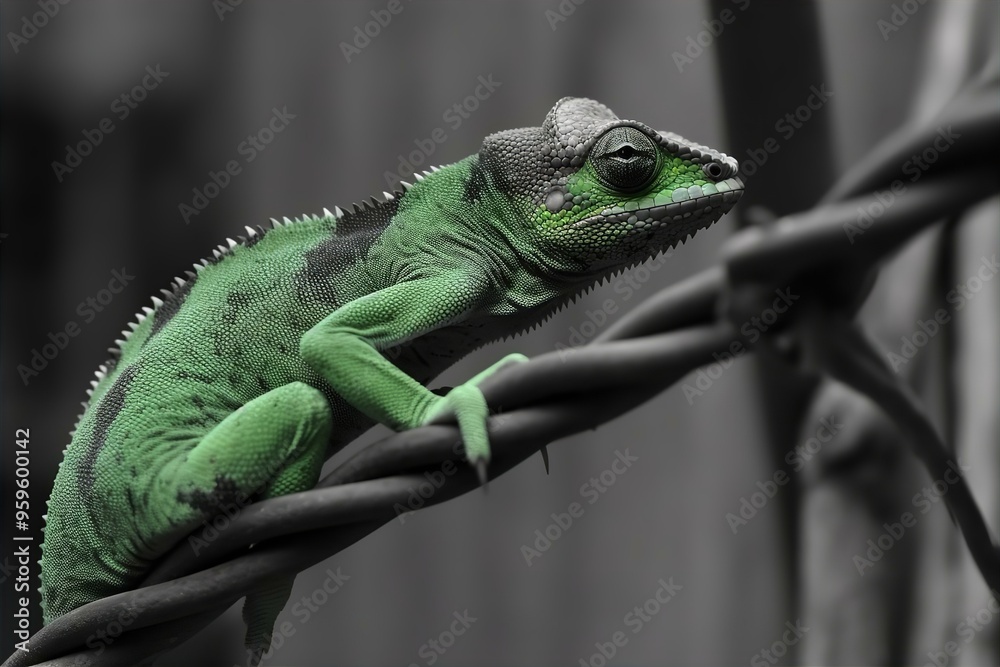 Fototapeta premium Green and Black Chameleon Balancing on a Branch