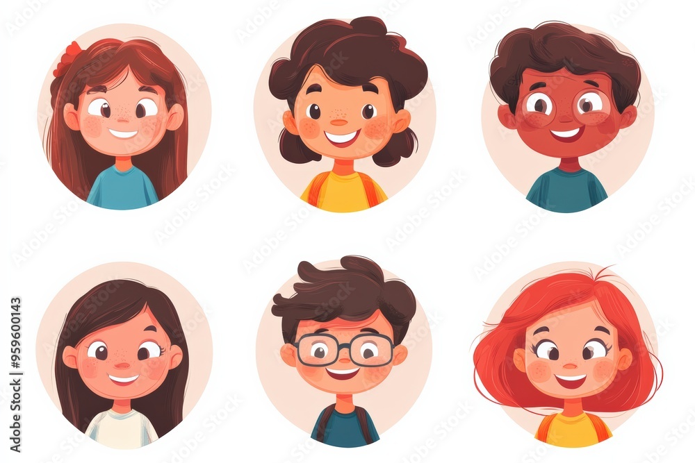 Happy kids avatars. Cute children smiling, boy girl in rounds vector set. Illustration girl and boy avatar, happy kids, child happiness Happy kids avatars. Cute children smiling, boy girl in rounds vector set. Illustration girl and boy avatar, happy kids, child happiness