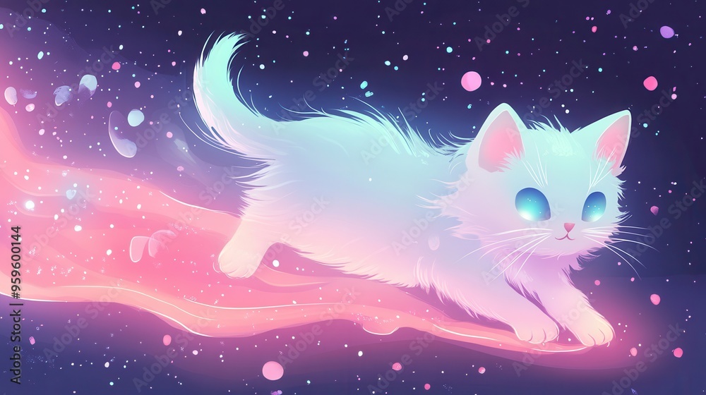 A whimsical, glowing cat glides through a colorful cosmic landscape, enchanting the universe with its ethereal presence.