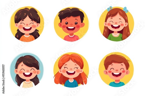 Happy kids avatars. Cute children smiling, boy girl in rounds vector set. Illustration girl and boy avatar, happy kids, child happiness 