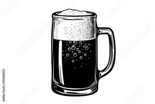 Half-full beer stein with visible bubbles rising inside the liquid, vector illustration art