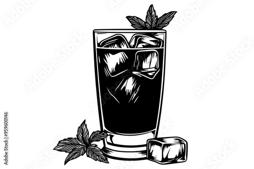Highball glass with a beverage, ice cubes, and a sprig of mint, vector illustration art