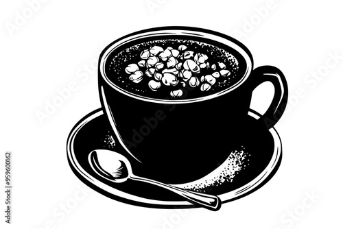 Hot chocolate with hazelnut syrup, topped with crushed hazelnuts and a small spoon, vector illustration art