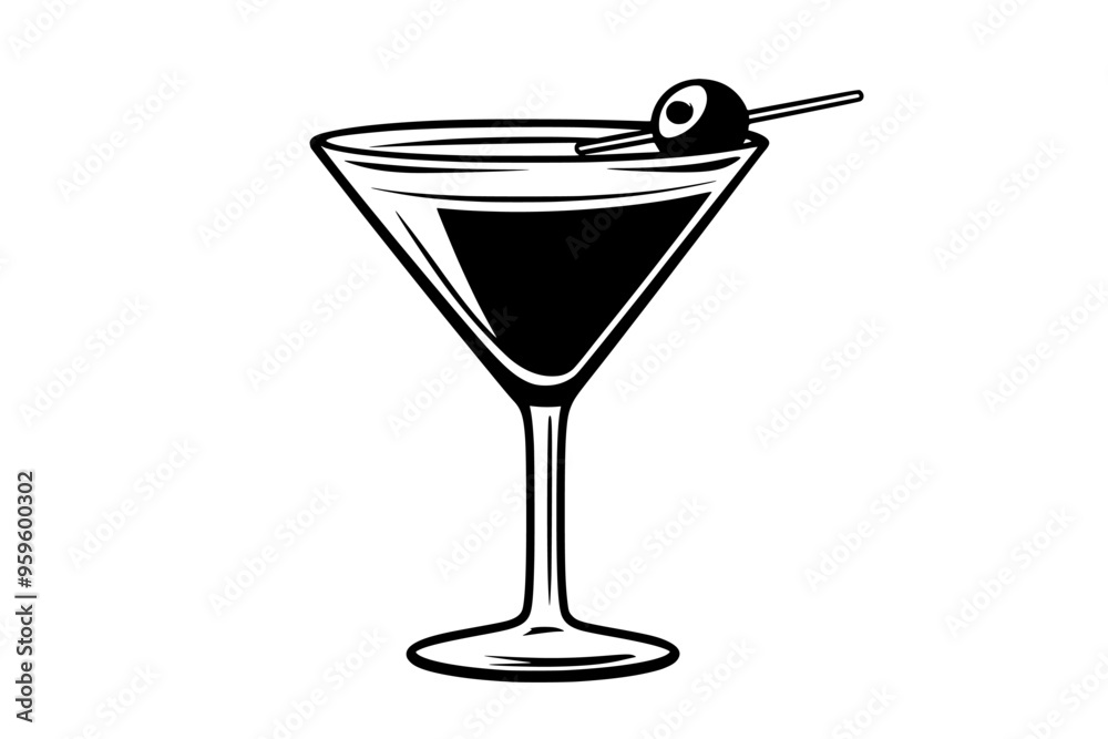 Martini glass holding a liquid, garnished with a single olive on a skewer, vector illustration art Martini glass holding a liquid, garnished with a single olive on a skewer, vector illustration art